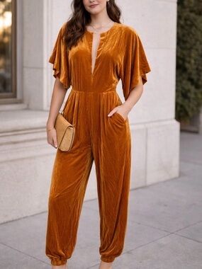 Norma Kamali Rust Velvet Deep V Jumpsuit